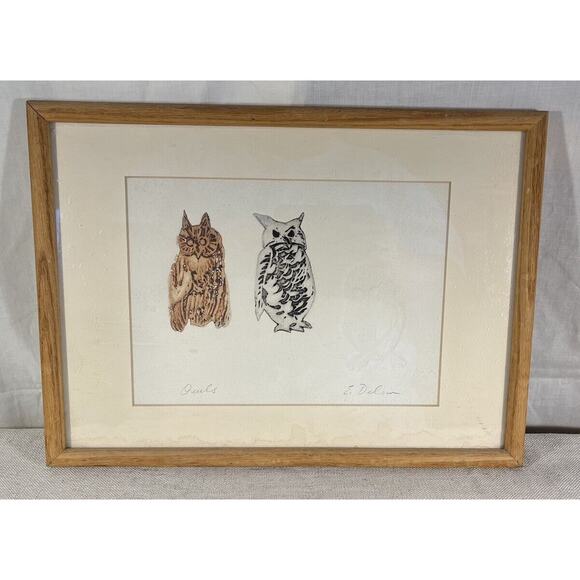 Elizabeth Delson original Etching Artwork Titled Owls Comes With Bio Framed